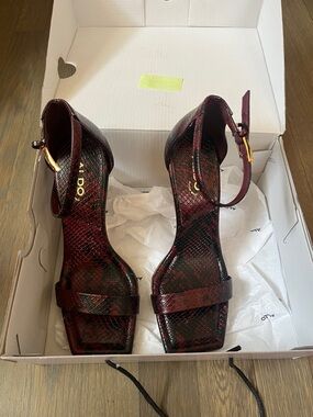 Aldo Burgundy Snake-Print Ankle-Strap Heels